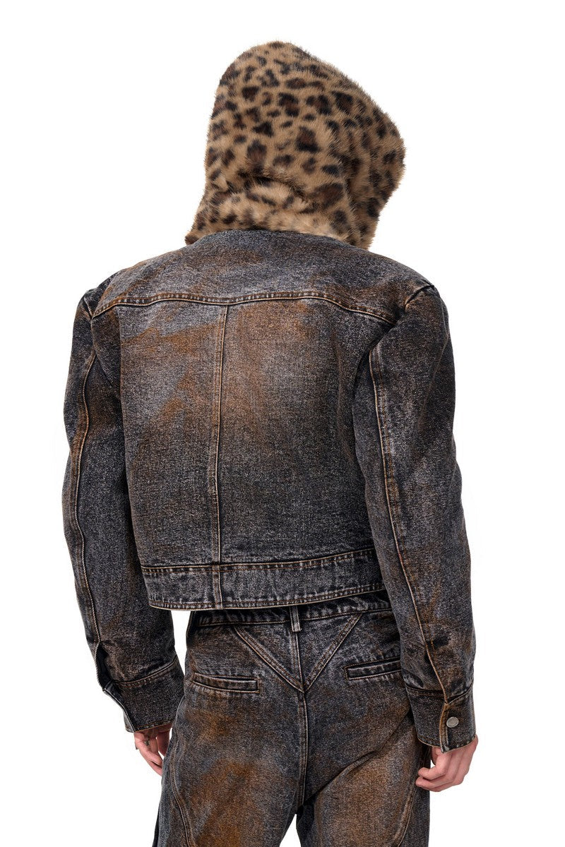 Leopard Faux Fur Denim Hoodie Jacket