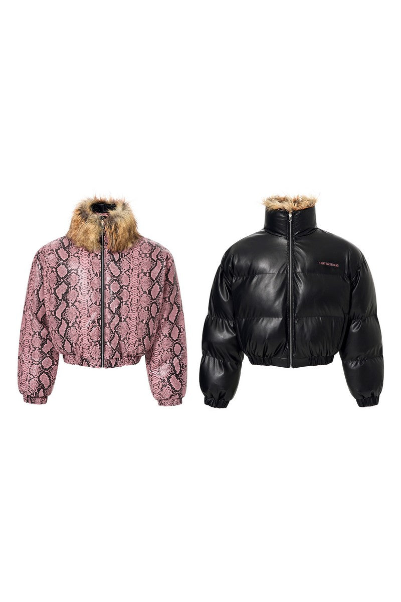 Reversible Snakeskin Collar Puffer