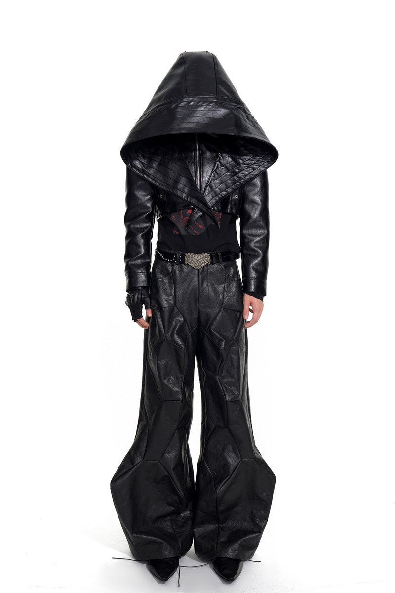 Bat Hood Panel PU Leather Jacket