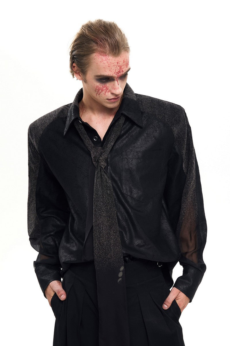 Sheer Flocked Tie Neck Shirt