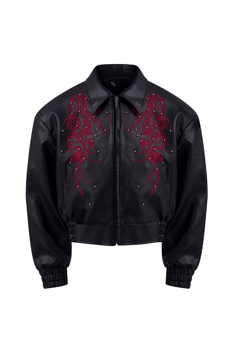 Embroidered Beaded Cropped Leather Jacket