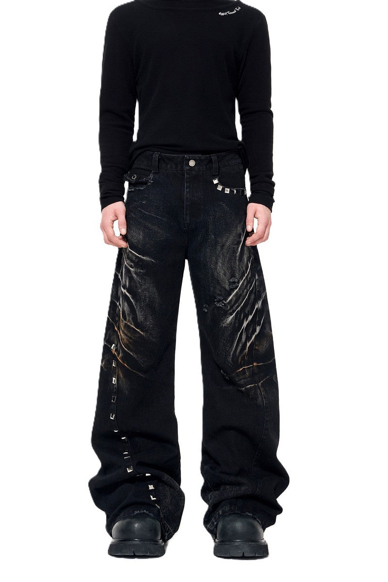 Washed Whisker Studded Wide Jeans