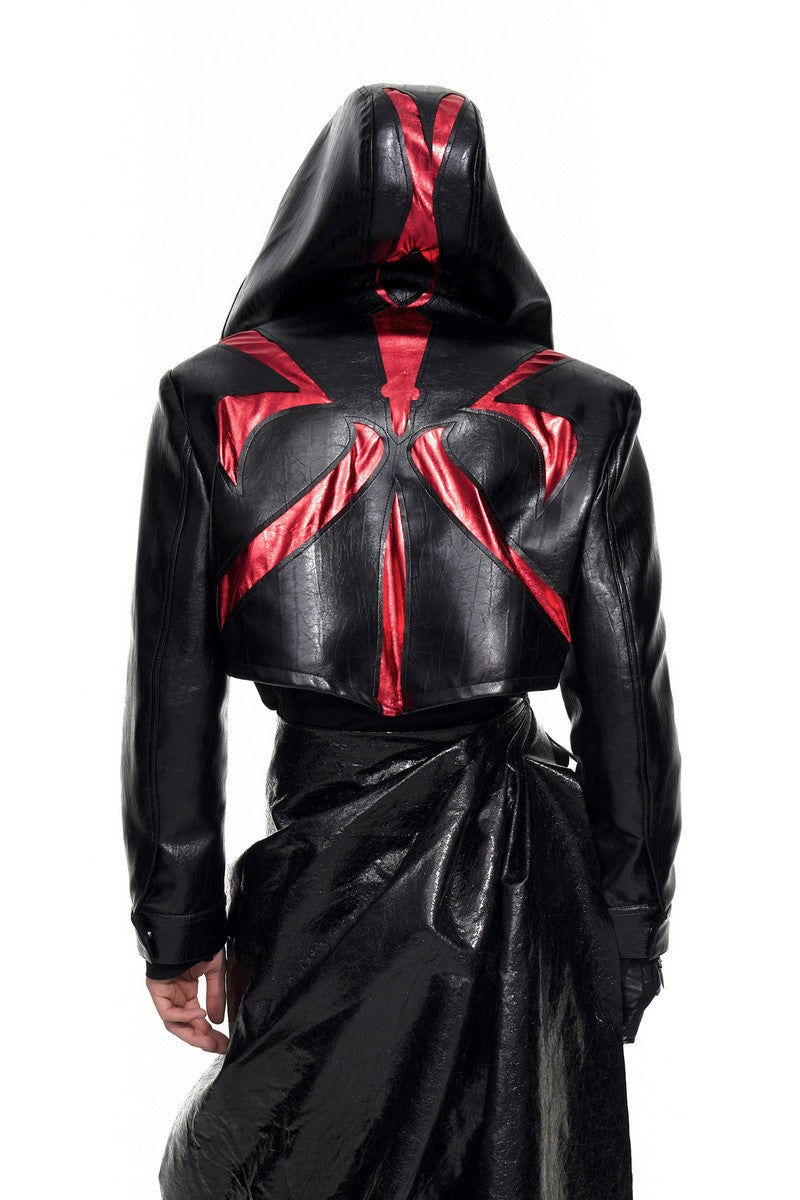Bat Hood Panel PU Leather Jacket