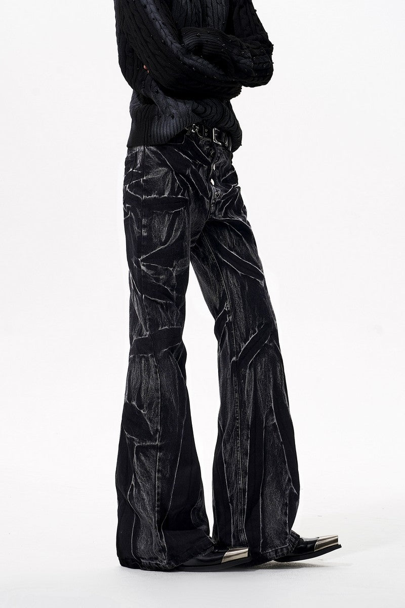 Wavy Washed Black Flared Jeans