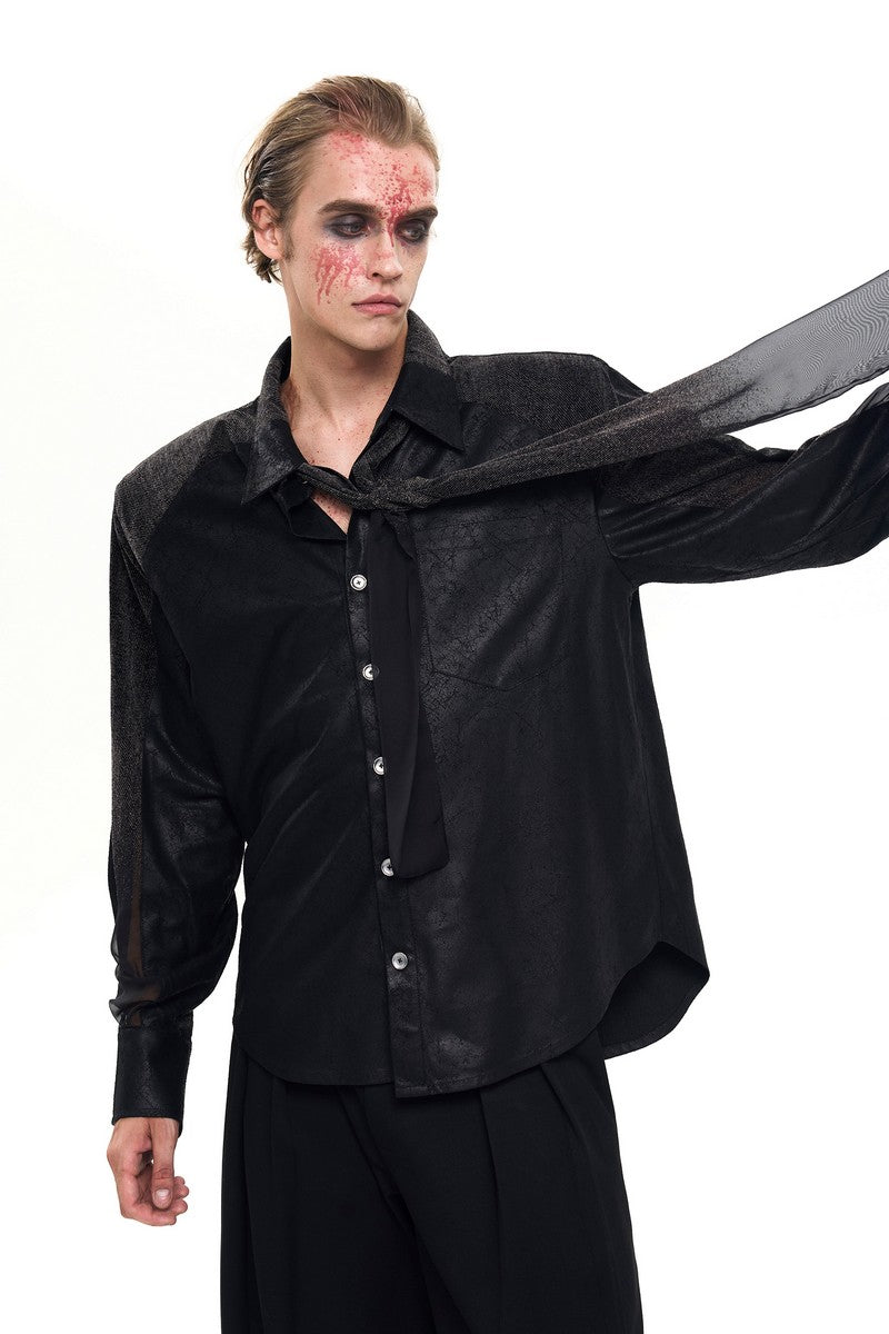 Sheer Flocked Tie Neck Shirt
