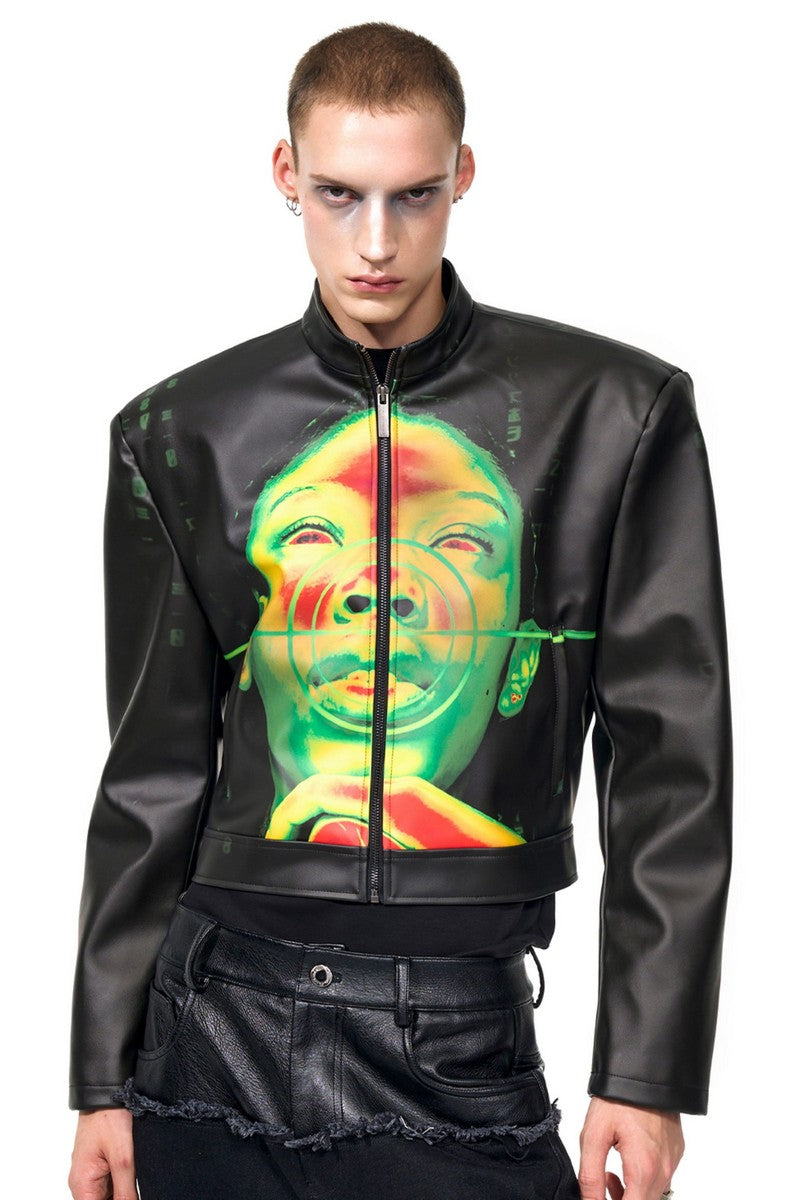 Portrait Print Cropped Leather Jacket