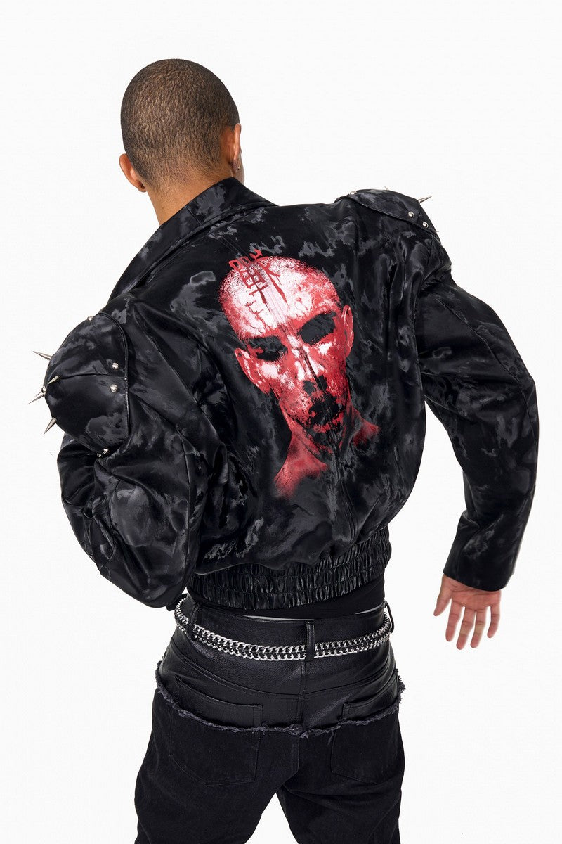 Portrait Print Cropped Biker Jacket