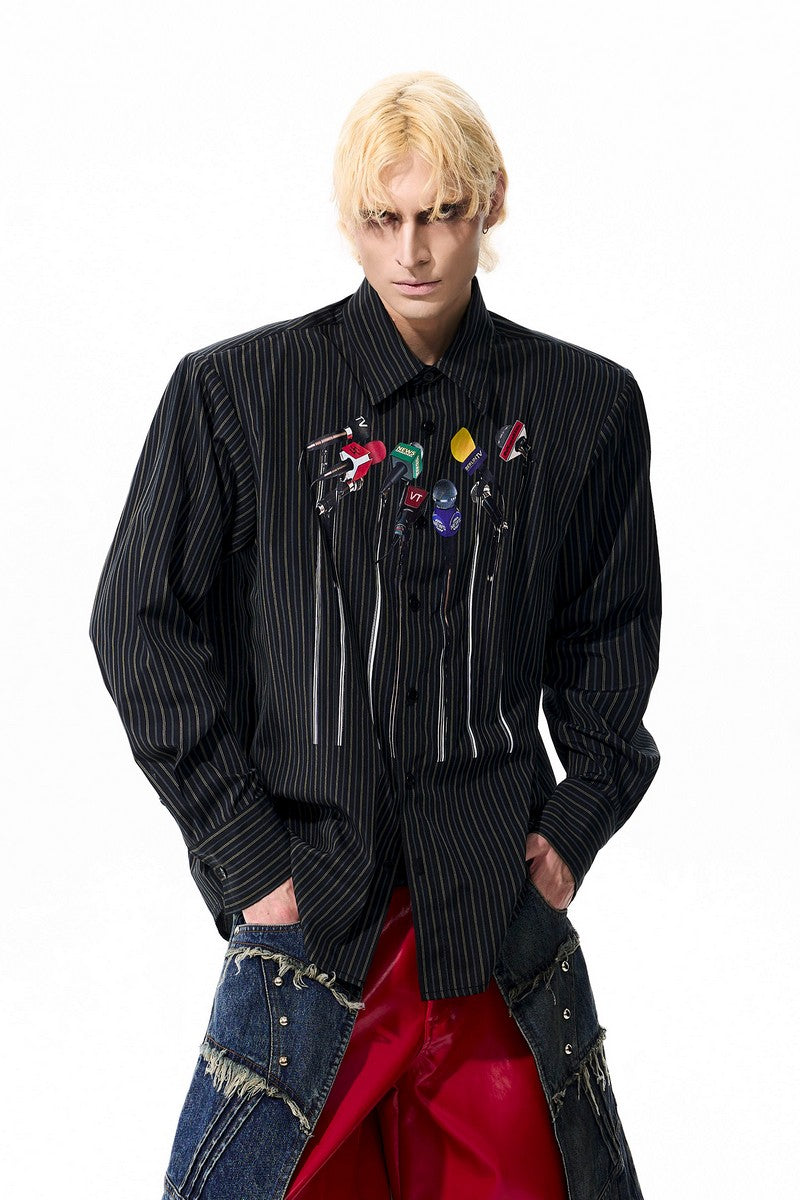 Microphone Print Striped Shirt