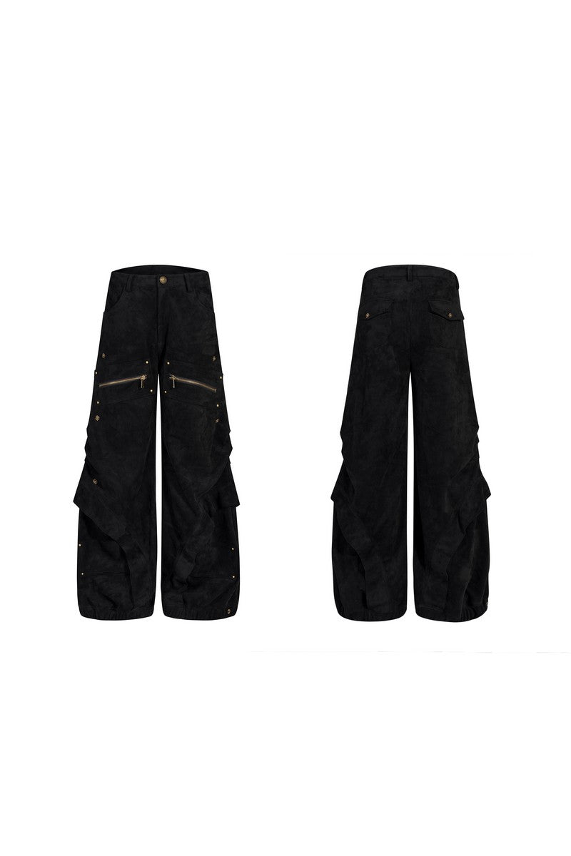 Suede Graffiti Wide Leg Cargo Pants