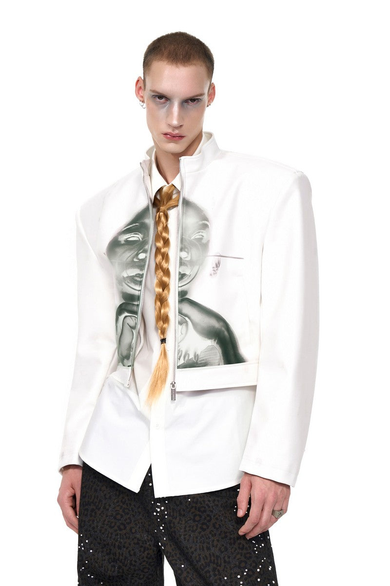 Portrait Print Cropped Leather Jacket