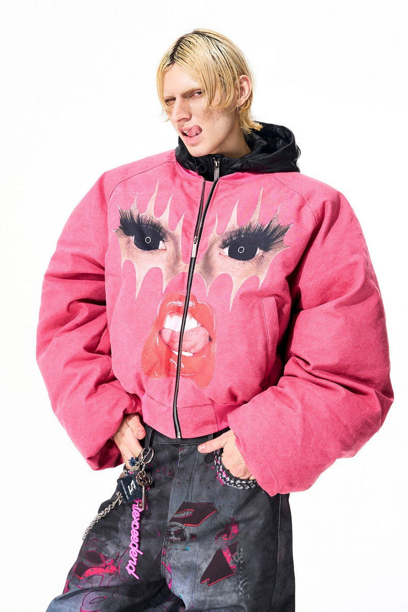 Lips Print Padded Bomber