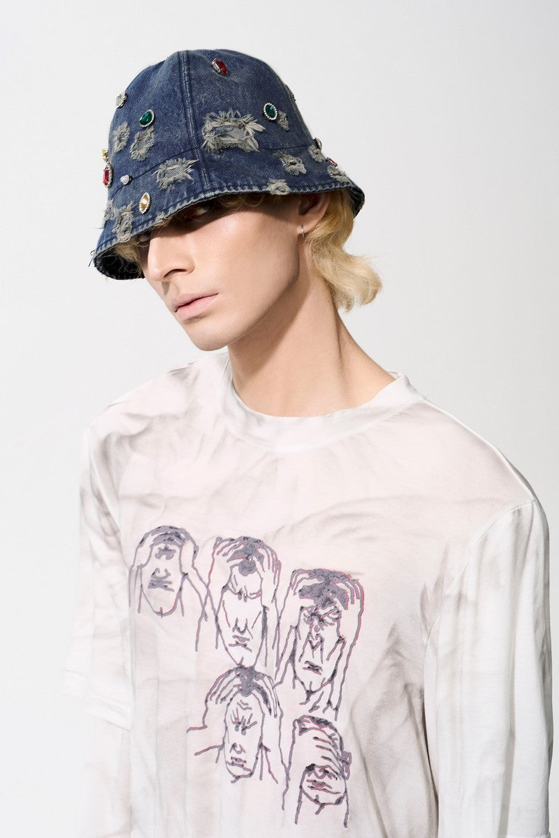 Handmade Rhinestone Distressed Denim Hat