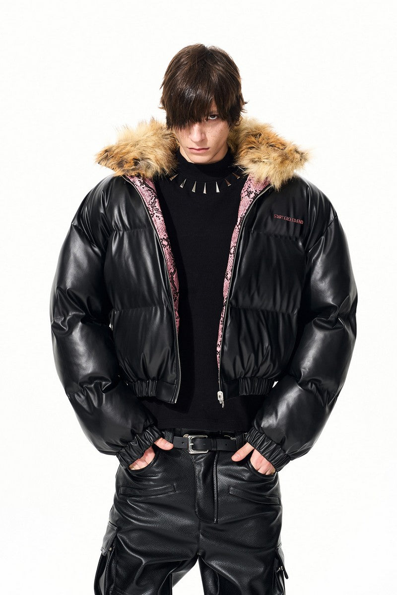 Reversible Snakeskin Collar Puffer