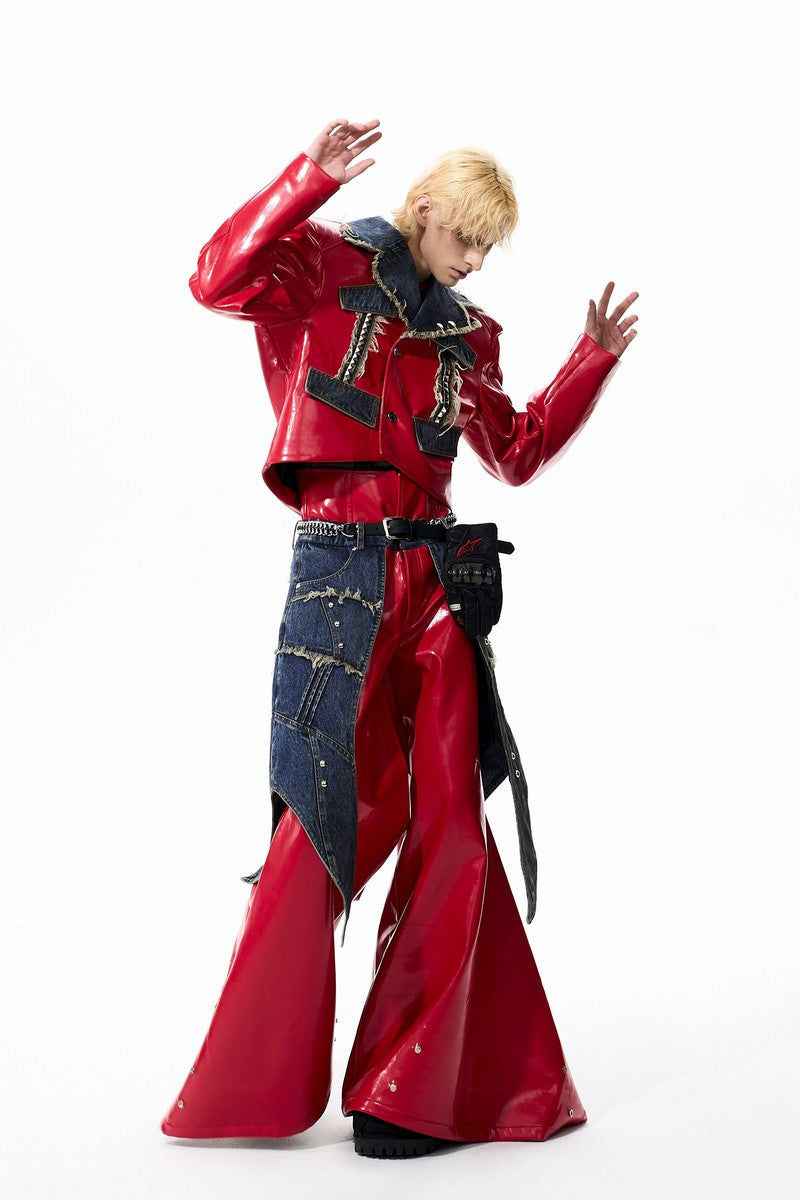 Studded Red Denim Panel Leather Jacket