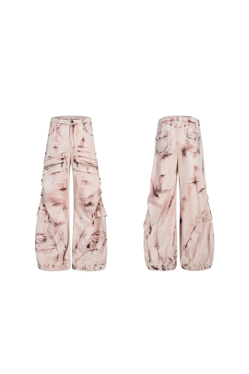 Suede Graffiti Wide Leg Cargo Pants