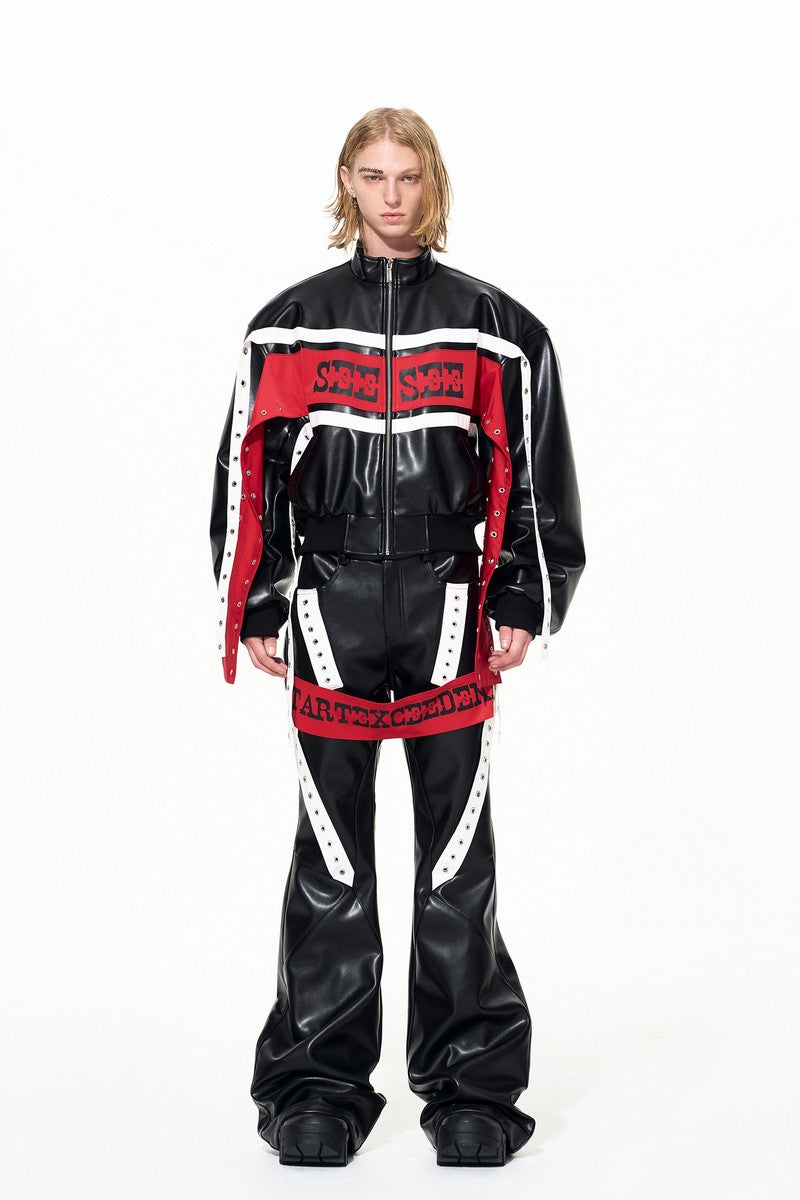 Contrast Strap Bomber Leather Jacket