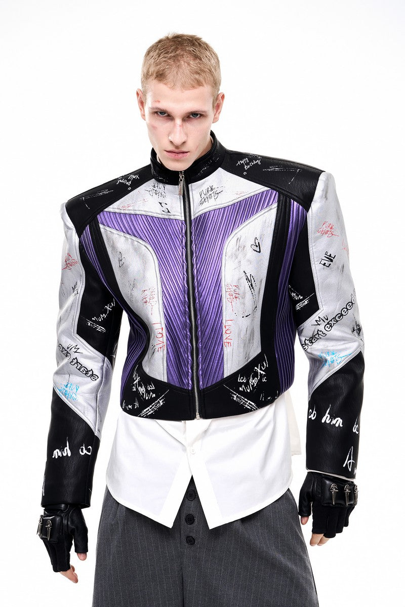 Graffiti Stand Collar Biker Jacket
