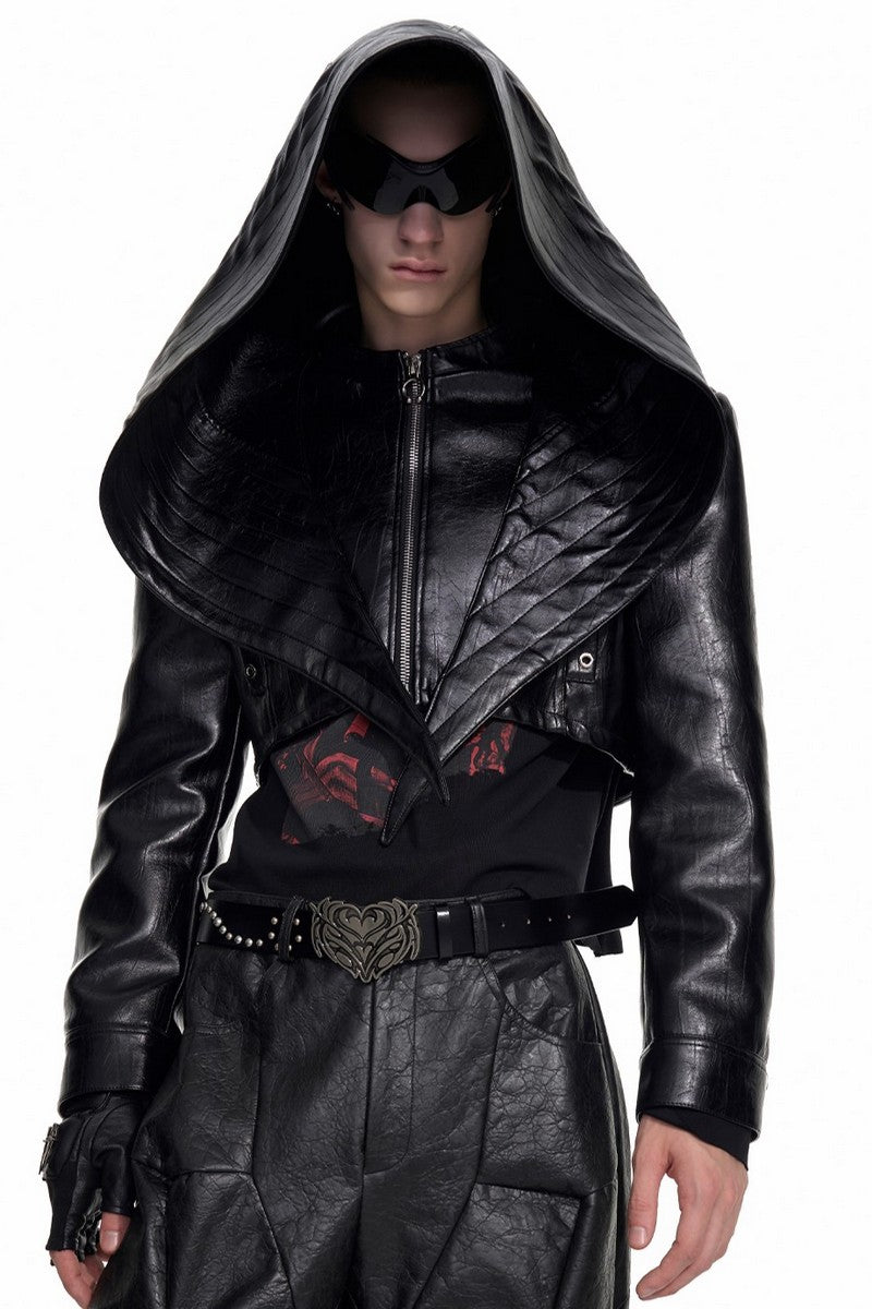 Bat Hood Panel PU Leather Jacket