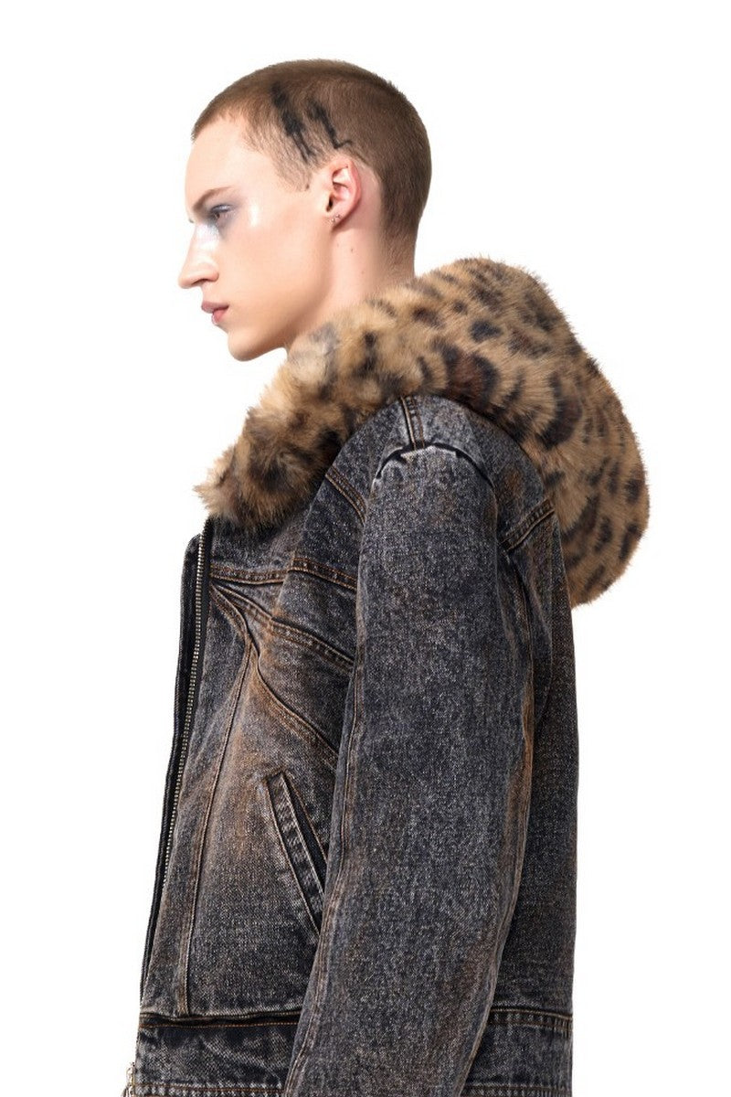 Leopard Faux Fur Denim Hoodie Jacket