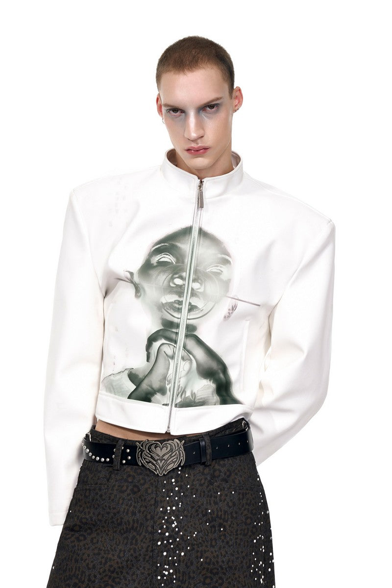 Portrait Print Cropped Leather Jacket