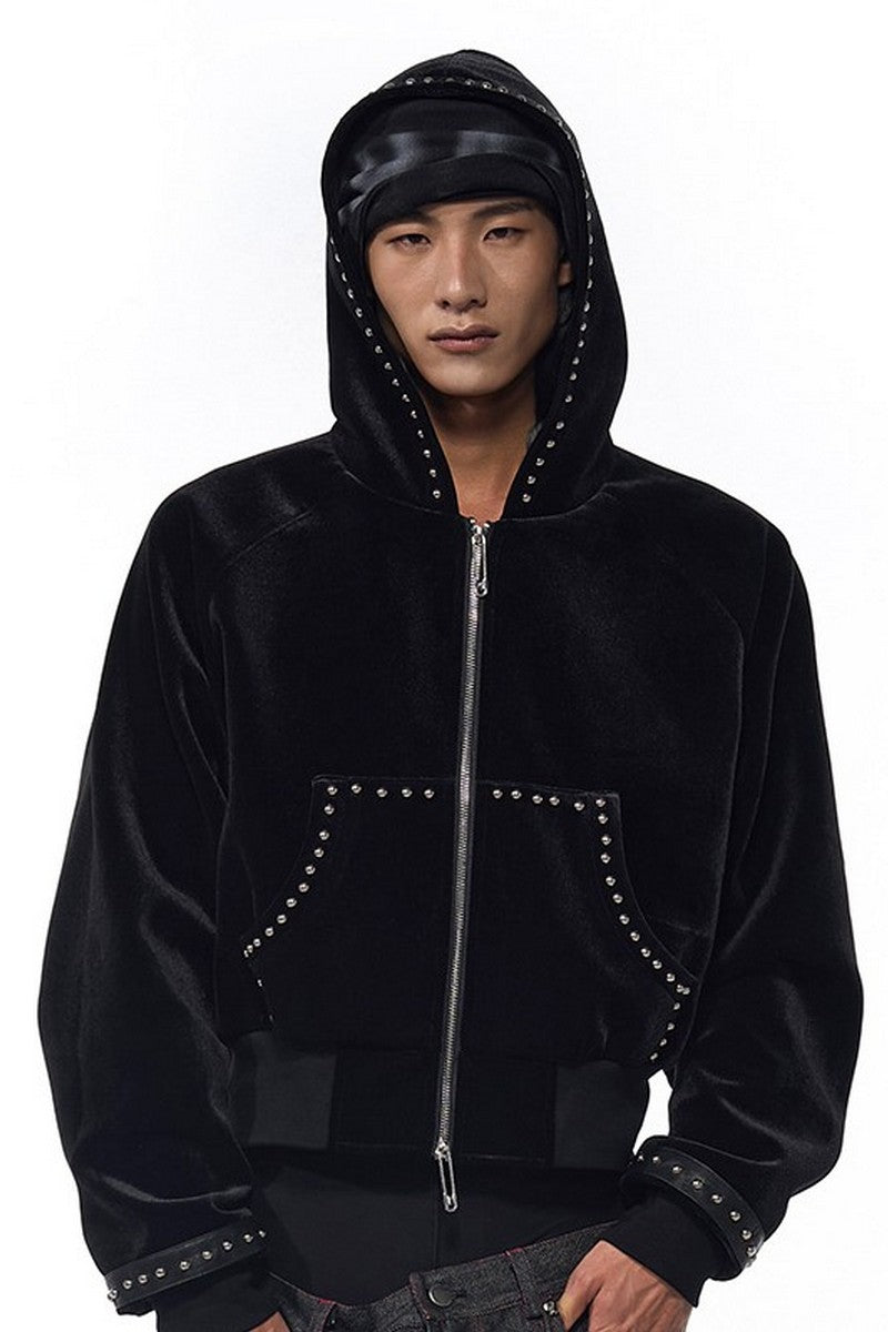 Velvet Beaded Zip-Up Hoodie