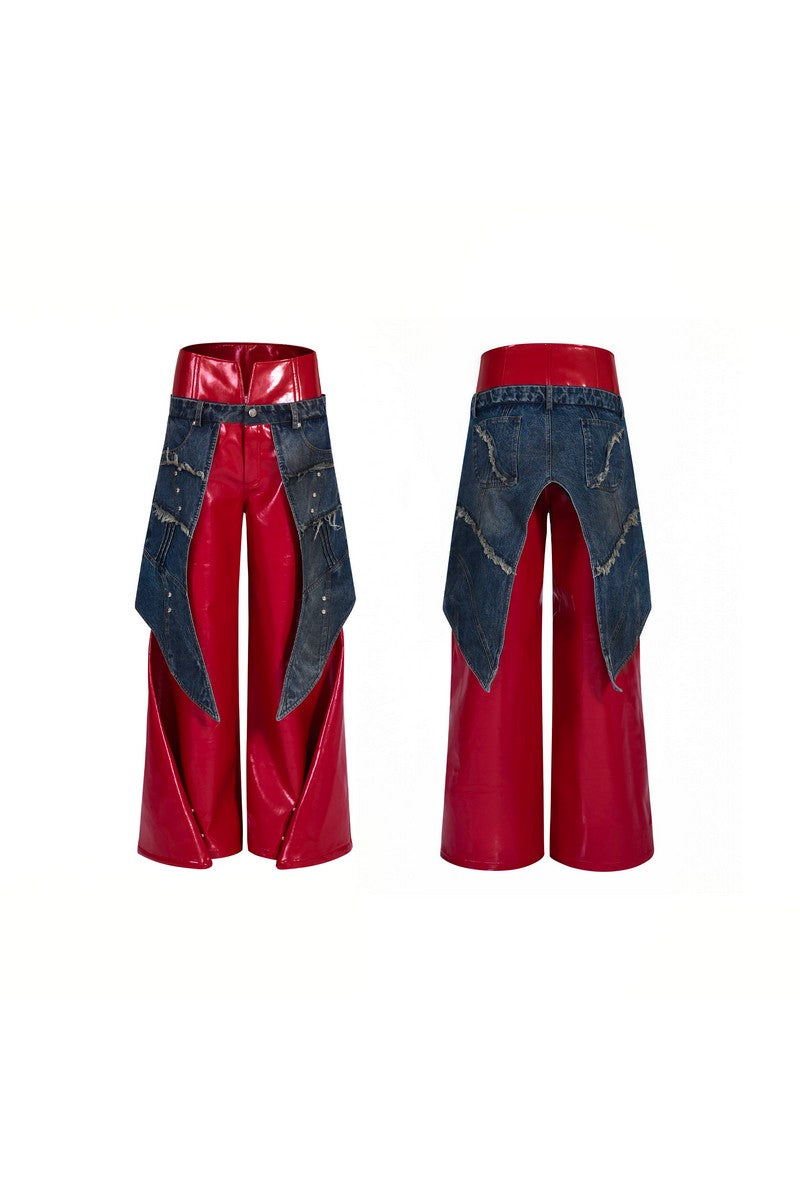 Studded Red Denim Panel Leather Pants