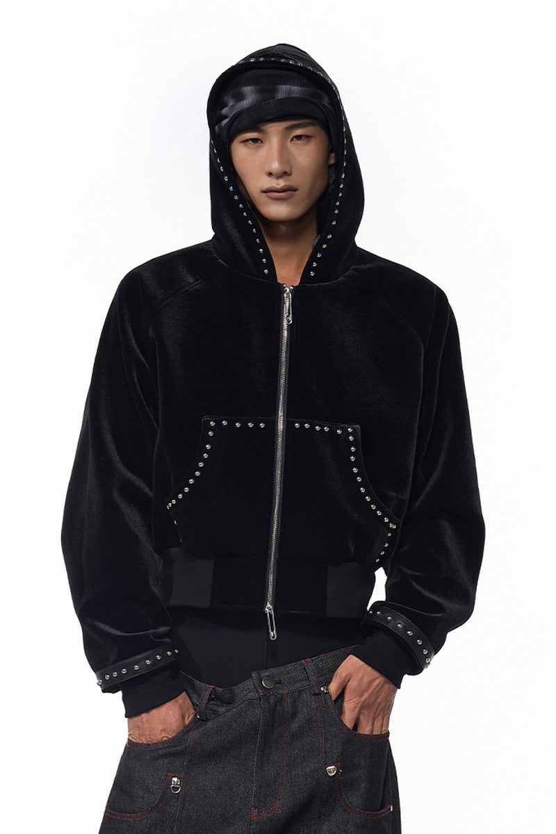 Velvet Beaded Zip-Up Hoodie