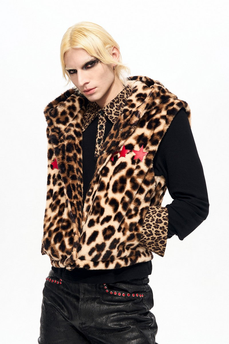 Leopard Faux Fur Hooded Vest