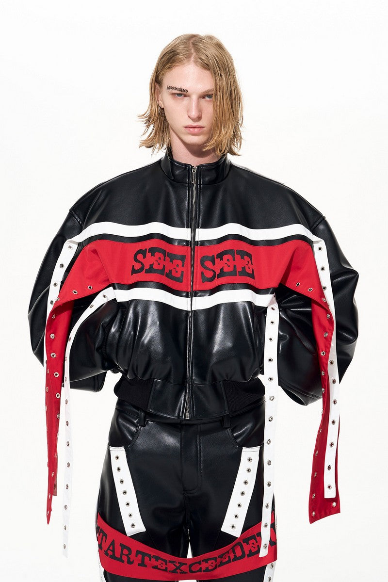 Contrast Strap Bomber Leather Jacket