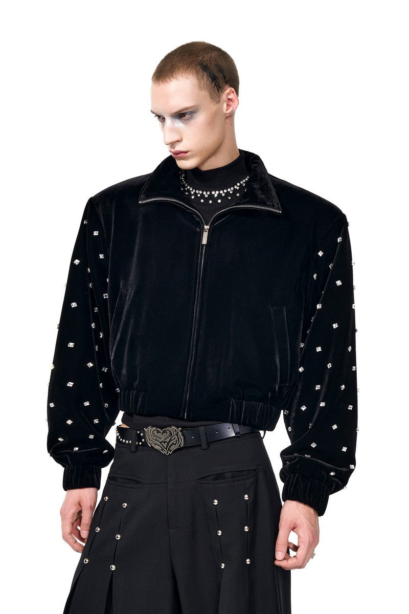 Velvet Stand Collar Rhinestone Jacket