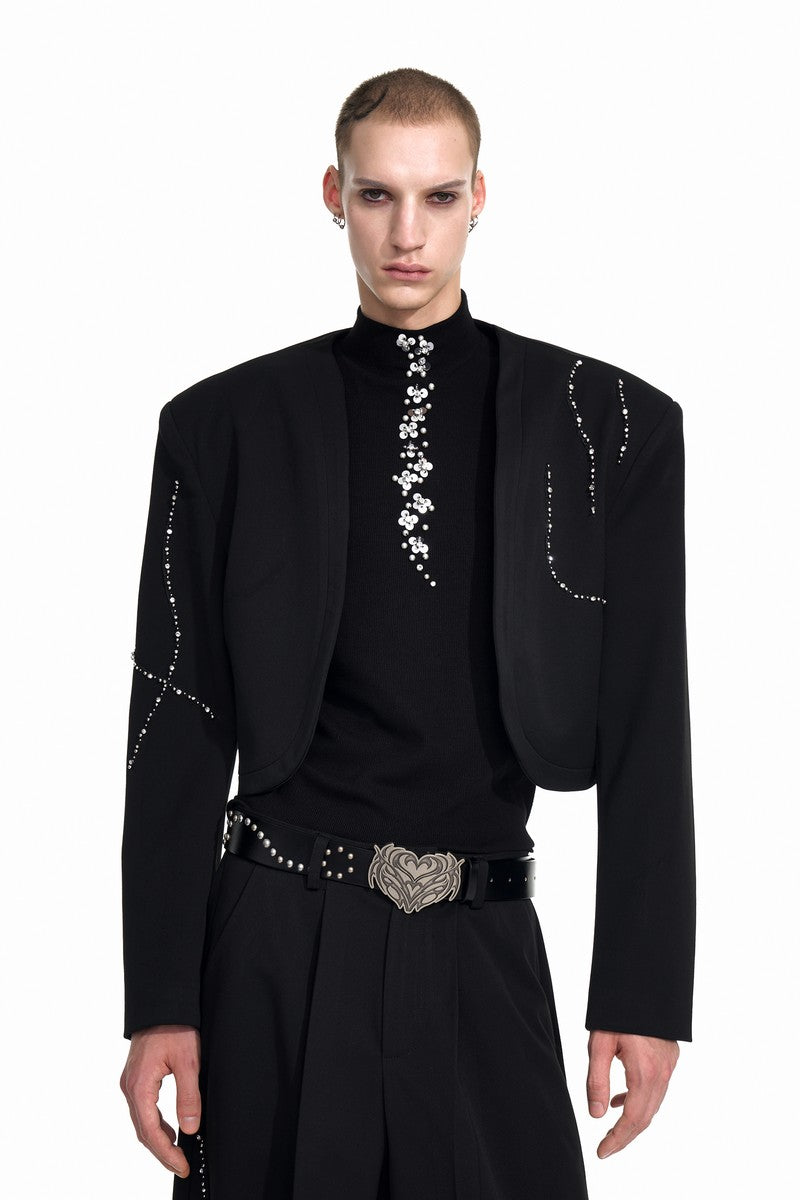 Rhinestone Cropped Collarless Blazer