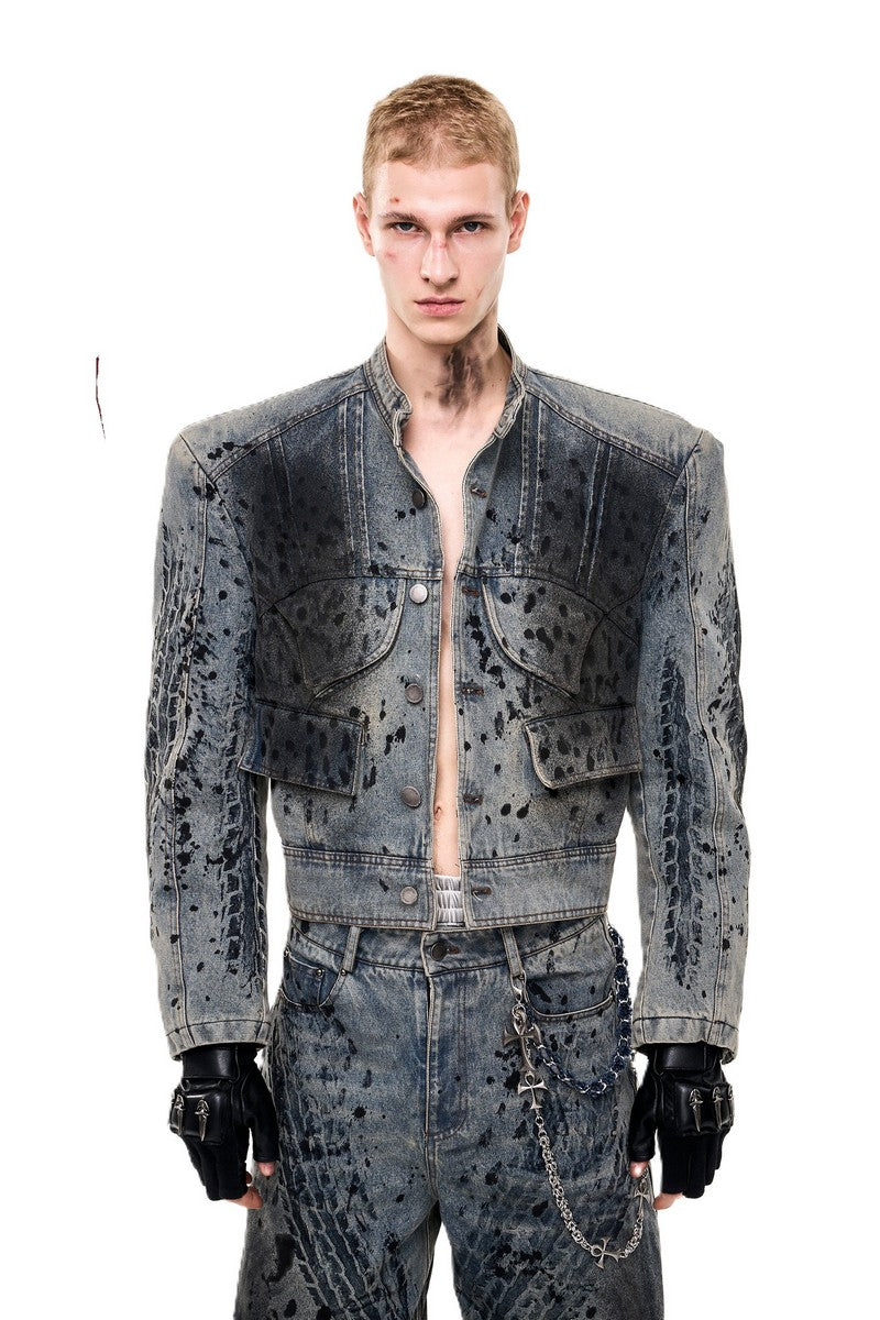 Tire Print Padded Denim Jacket
