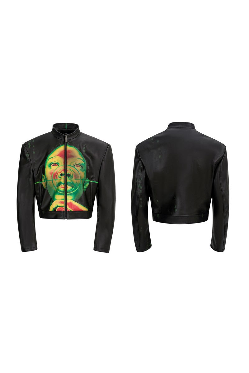 Portrait Print Cropped Leather Jacket