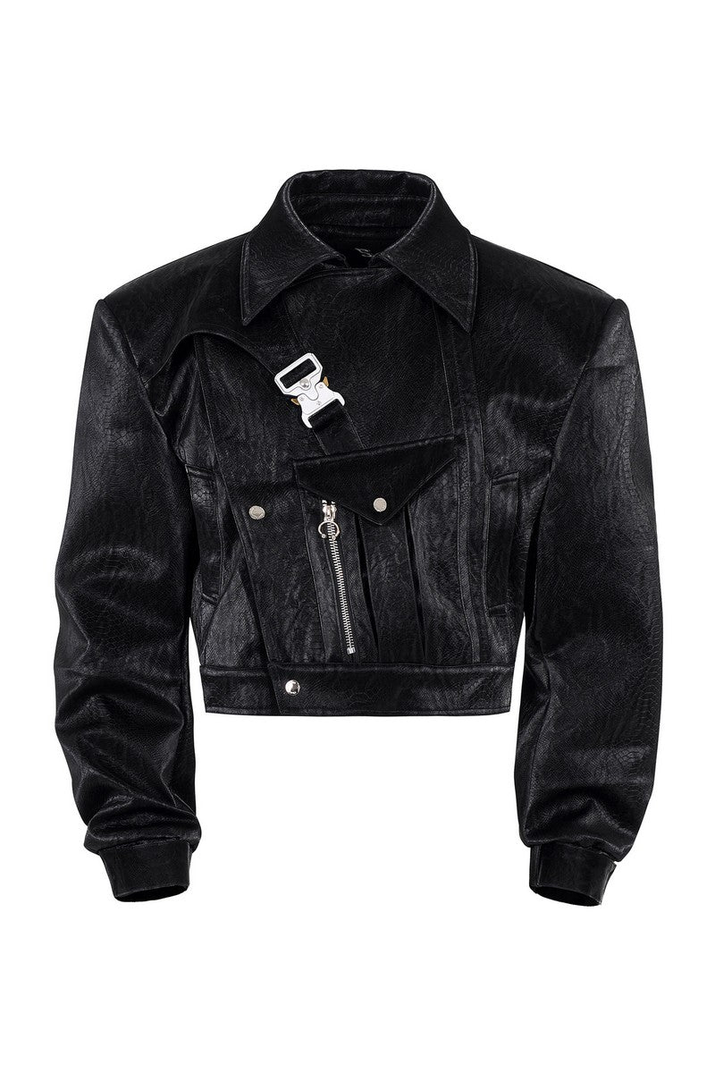 Snake Print Buckle Leather Jacket