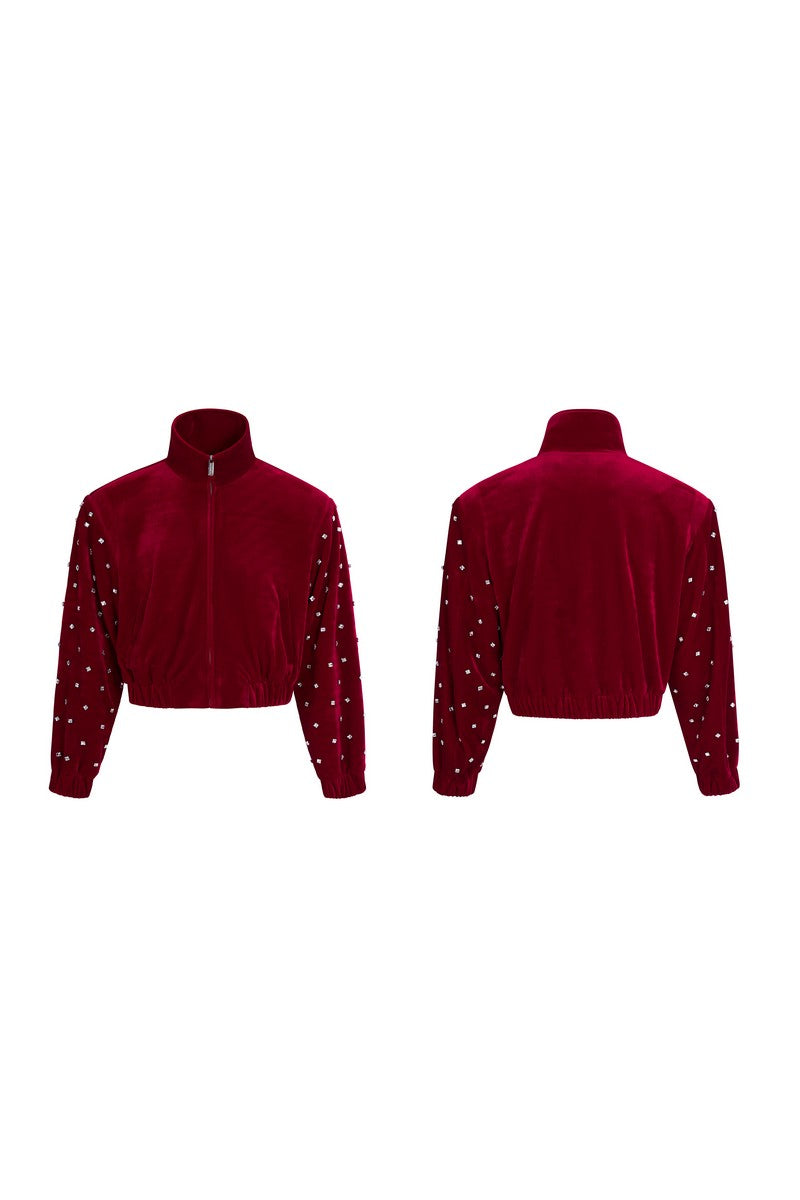 Velvet Stand Collar Rhinestone Jacket