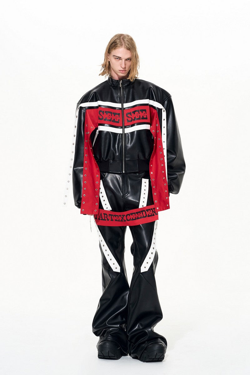 Contrast Strap Bomber Leather Jacket