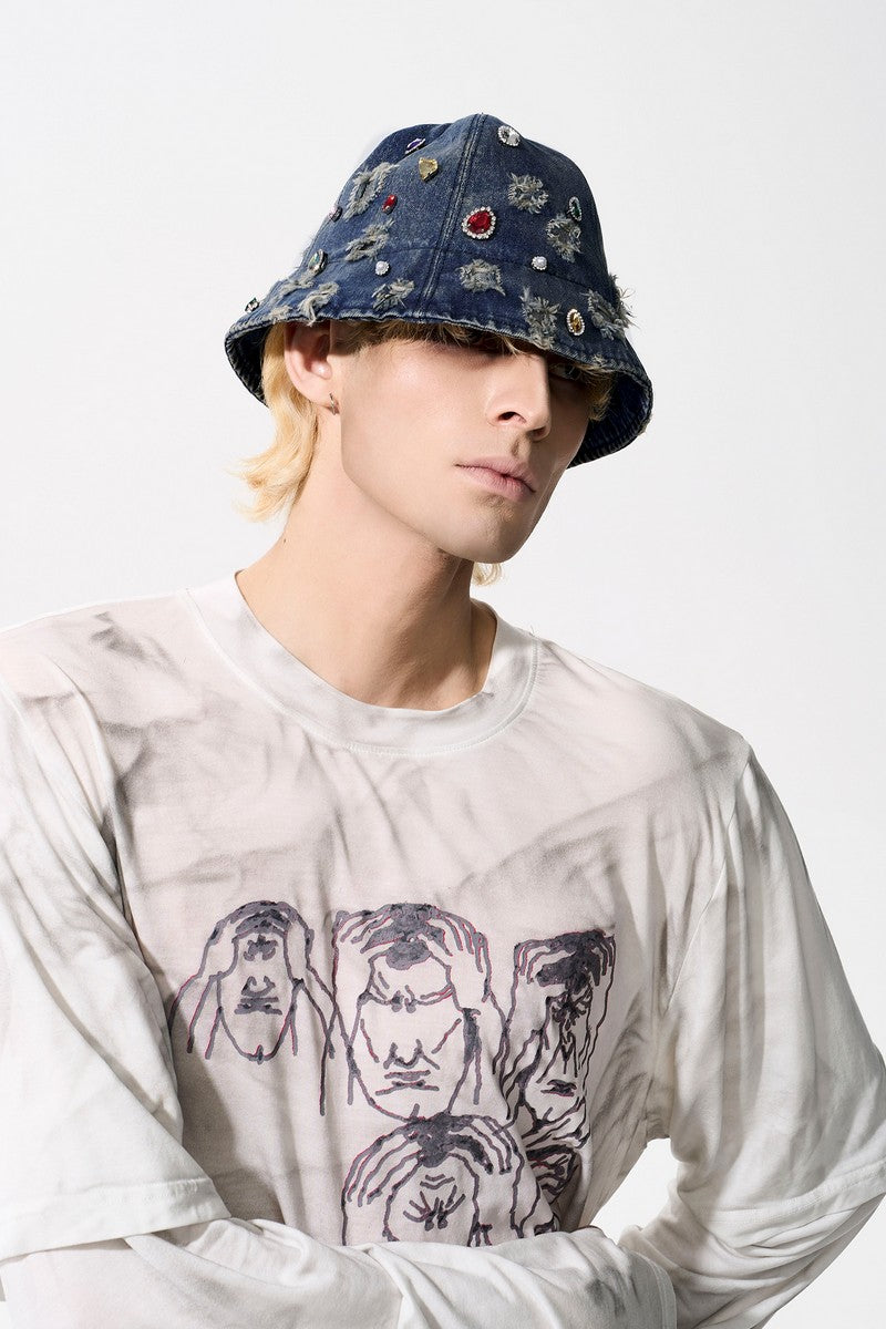 Handmade Rhinestone Distressed Denim Hat