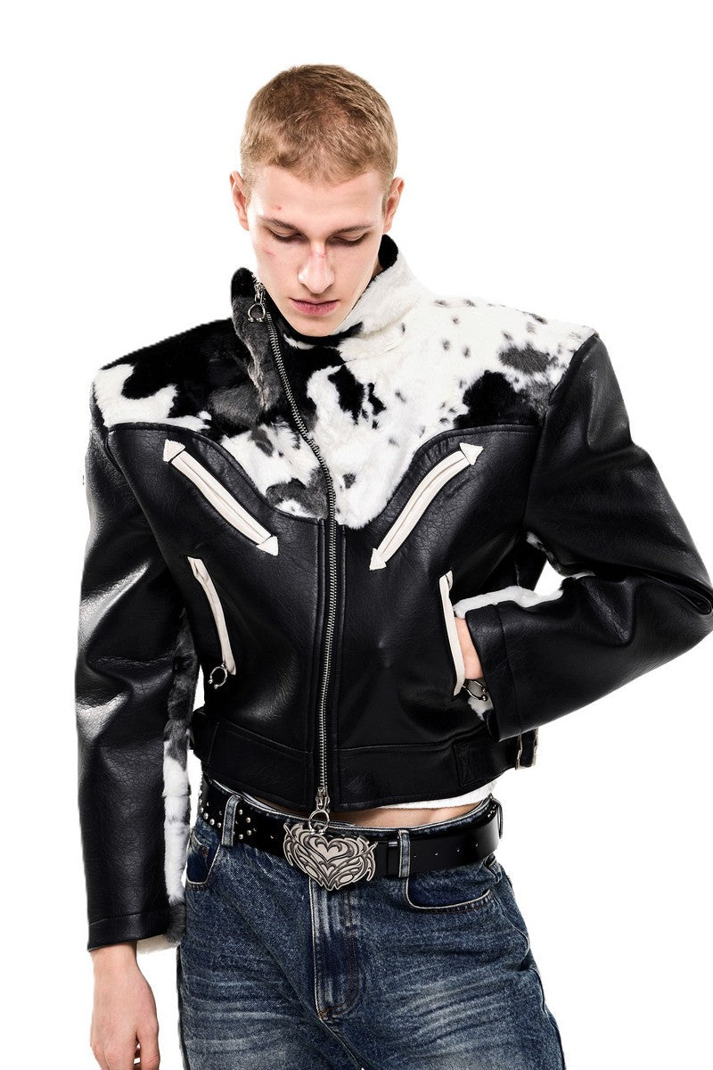 Cow Print Faux Fur Biker Jacket