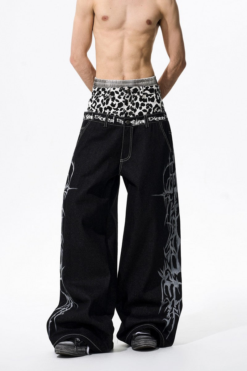 Leopard Patch Double Waist Jeans