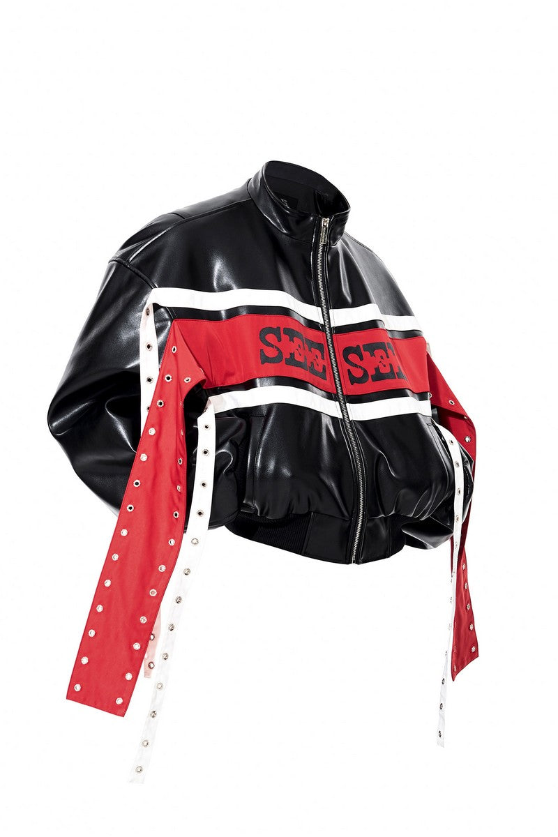 Contrast Strap Bomber Leather Jacket