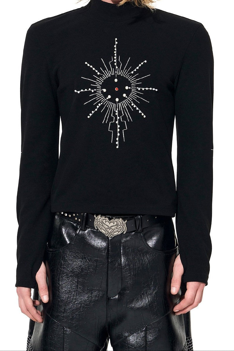 Embroidered Pearl Mock Neck Tee