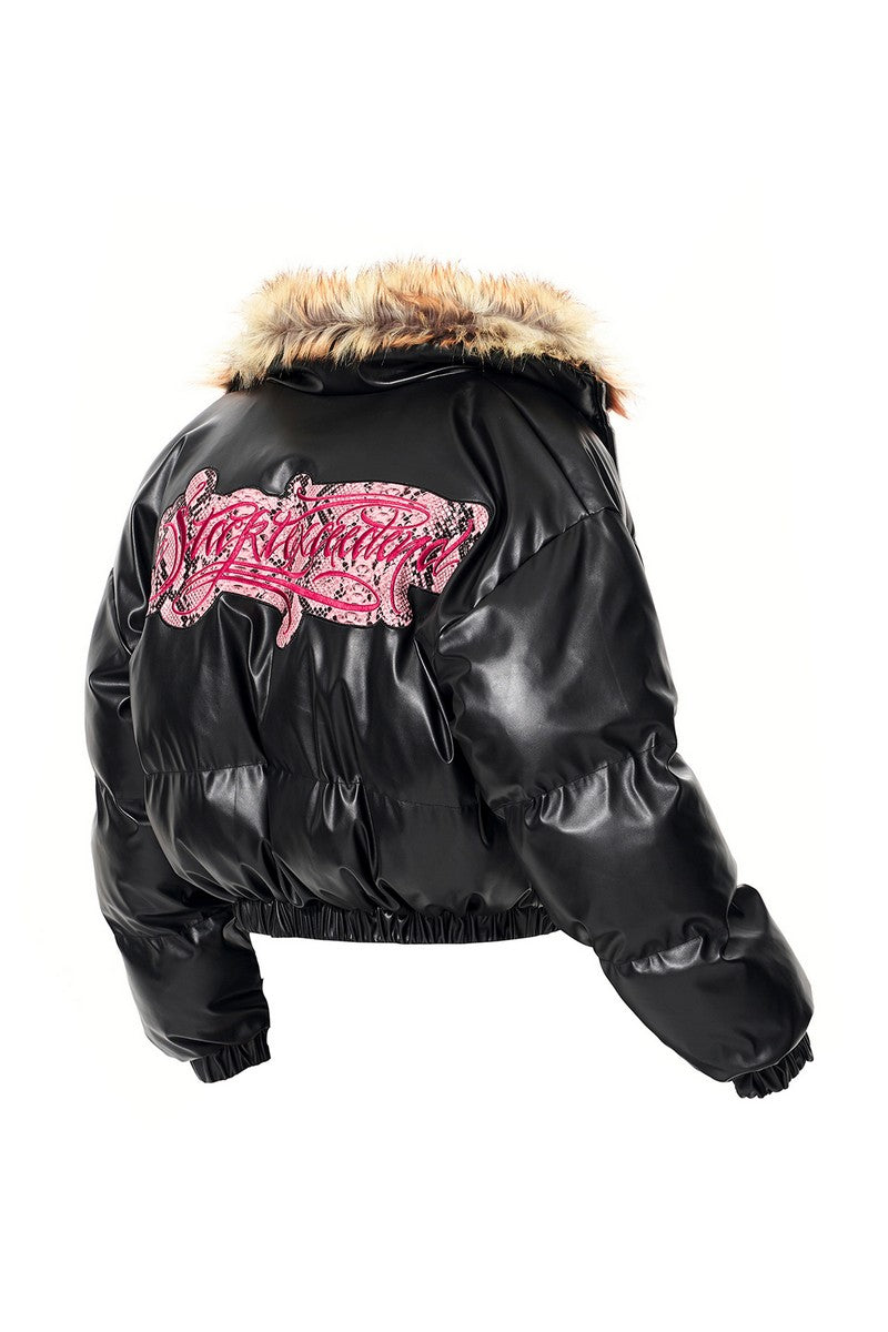 Reversible Snakeskin Collar Puffer