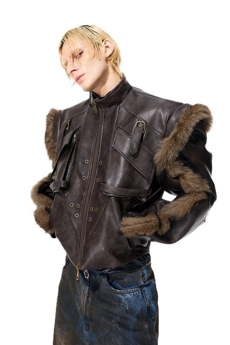 Vintage Finish Faux Fur Leather Jacket