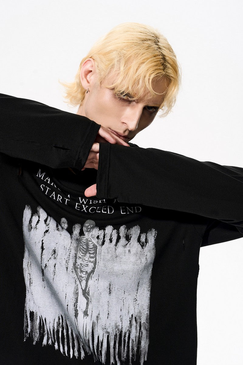 Skull Print Distressed Long Sleeve