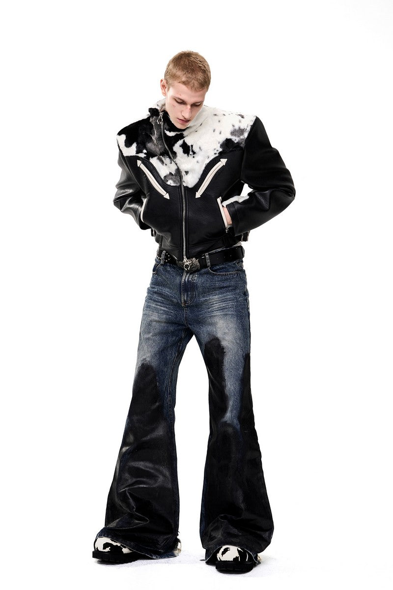 Cow Print Faux Fur Biker Jacket