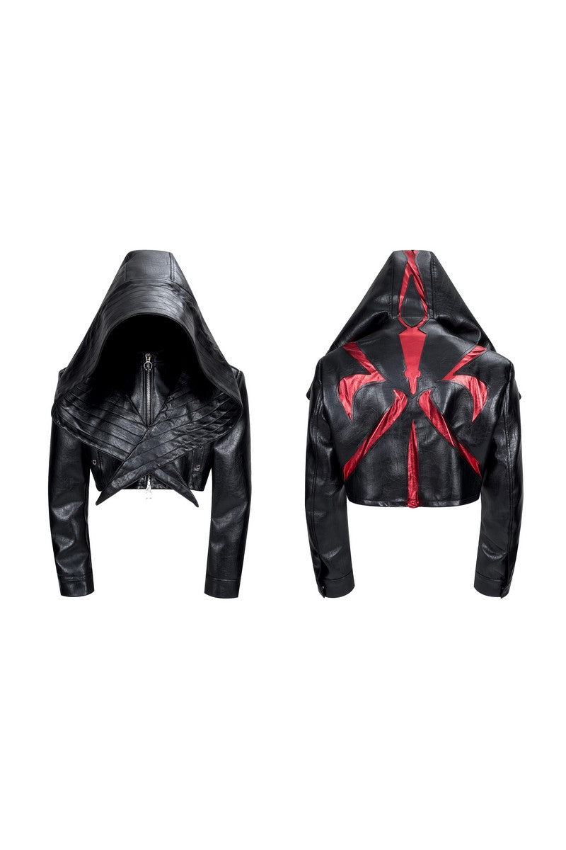 Bat Hood Panel PU Leather Jacket