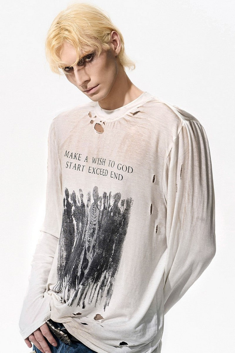 Skull Print Distressed Long Sleeve