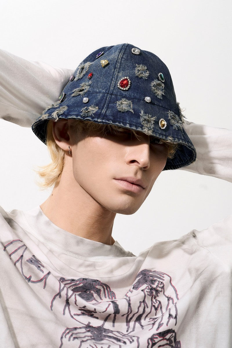 Handmade Rhinestone Distressed Denim Hat