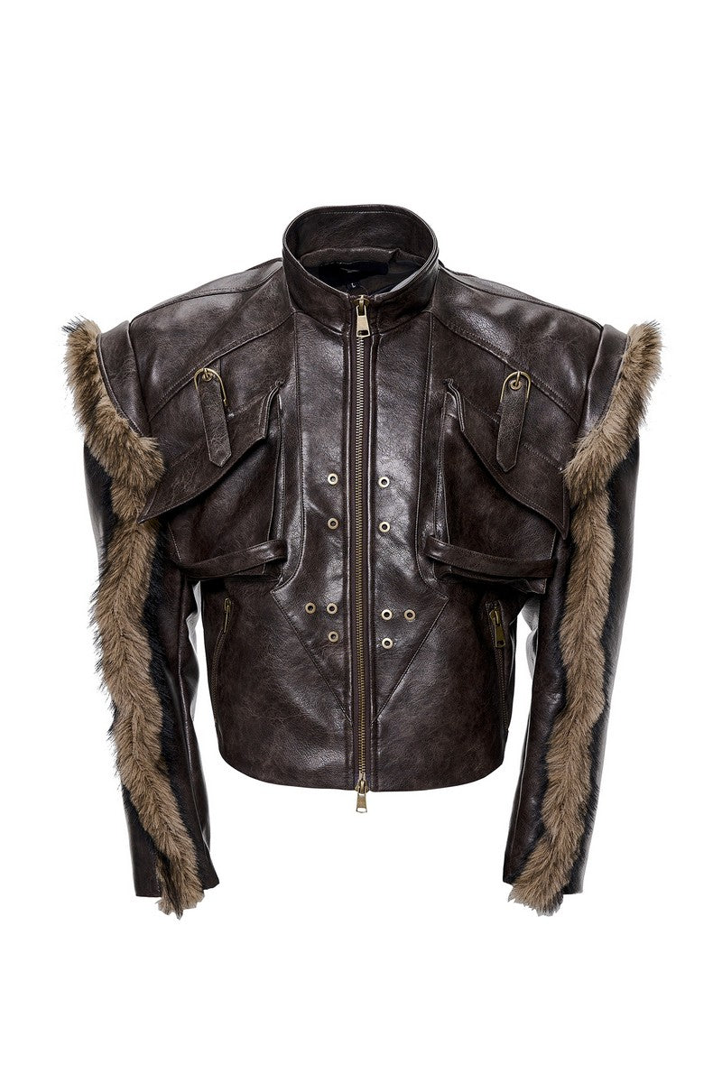 Vintage Finish Faux Fur Leather Jacket
