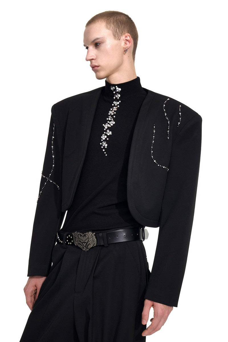 Rhinestone Cropped Collarless Blazer